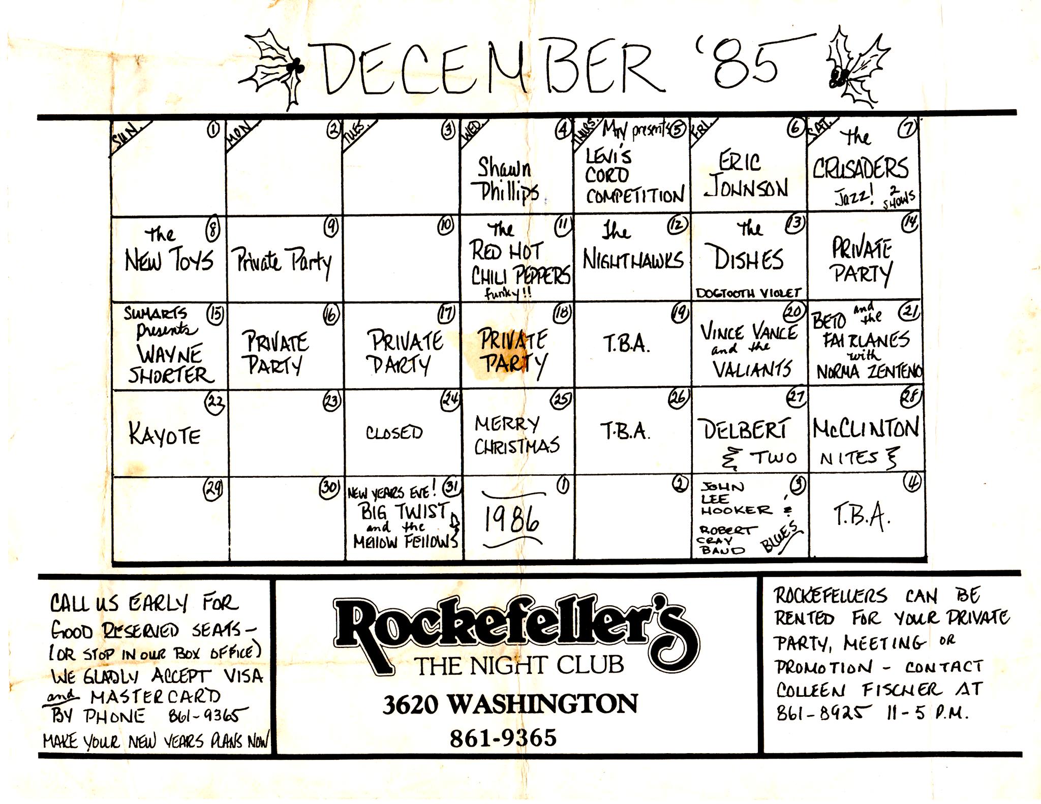 December 11, 1985 · Rockefeller's, Houston, TX · RHCP Live Archive